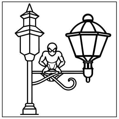 A superhero, resembling Spider-Man, perches on a streetlight, poised with a web, surrounded by a vintage lamp post—Spider-Man coloring pages.