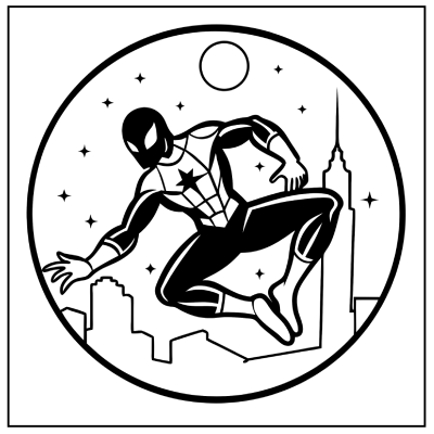 A stylized black-and-white illustration of Spider-Man poised to leap against a nighttime city skyline and a crescent moon. Spider-Man coloring pages.