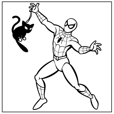 Spider-Man playfully swings a black cat by its tail, striking a dynamic pose in a simple black and white outline style—Spider-Man coloring pages.