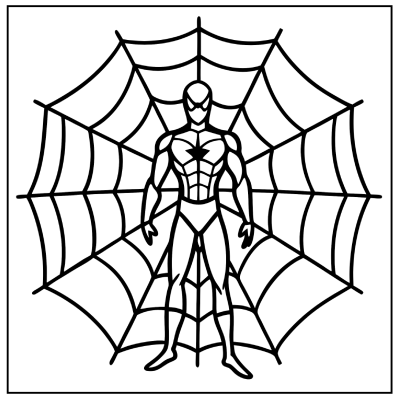 A muscular superhero in a spider suit stands confidently in the center of a large spider web, outlined in black - Spider-Man coloring pages.