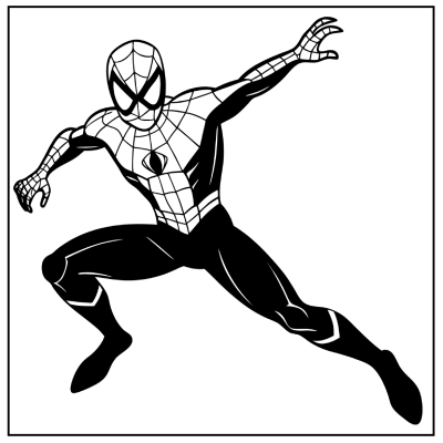 Line art of Spider-Man in a dynamic pose, crouching with one arm outstretched and the other in a climbing position- Spider-Man coloring pages.