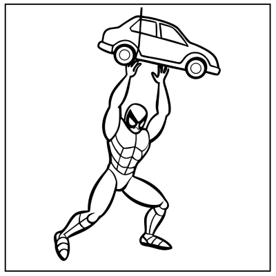 A muscular superhero in a costume lifts a small car above his head, showcasing immense strength and determination- Spider-Man coloring pages.