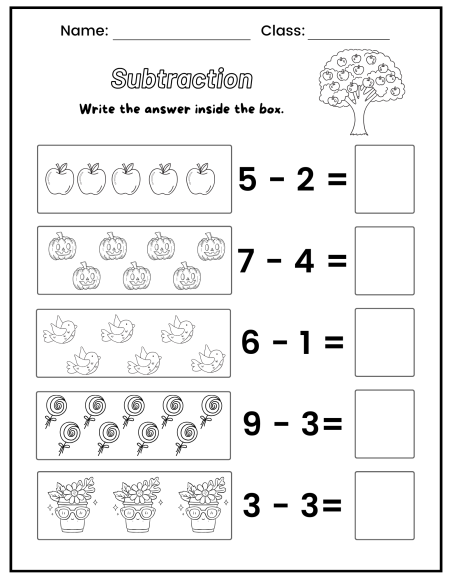 A subtraction worksheet featuring apple, pumpkin, bird, lollipop, and flower illustrations, with spaces for answers beside each equation. Subtraction Math Worksheets.
