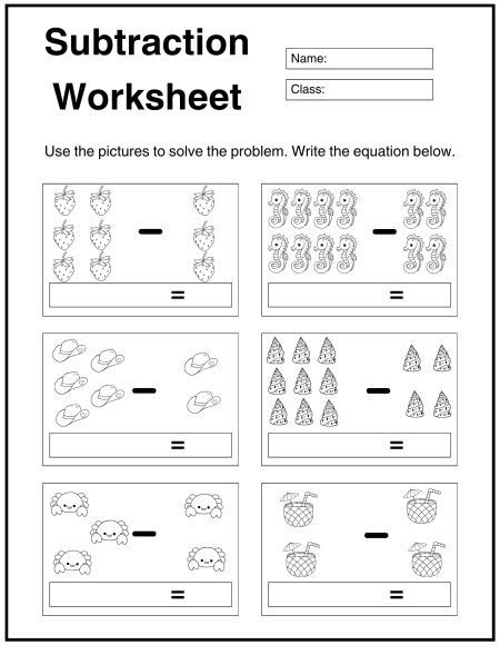 A subtraction worksheet featuring various images (strawberries, seahorses, hats, ice cream cones, crabs, and drinks) for solving problems. Subtraction Math Worksheets.