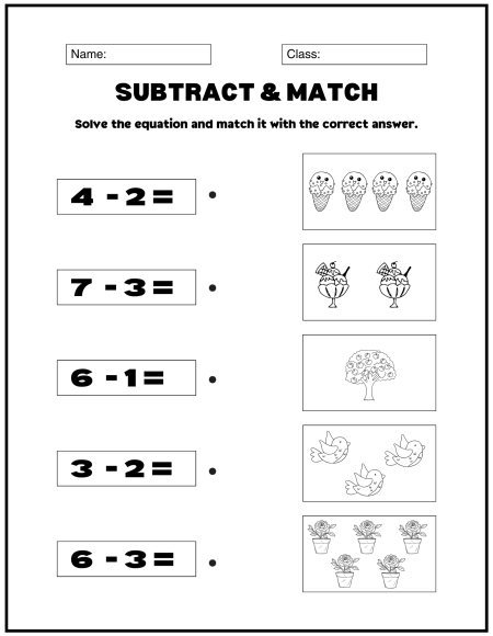 Worksheet titled "Subtract & Match" with subtraction problems and images for matching answers, designed for young learners. Subtraction Math Worksheets.