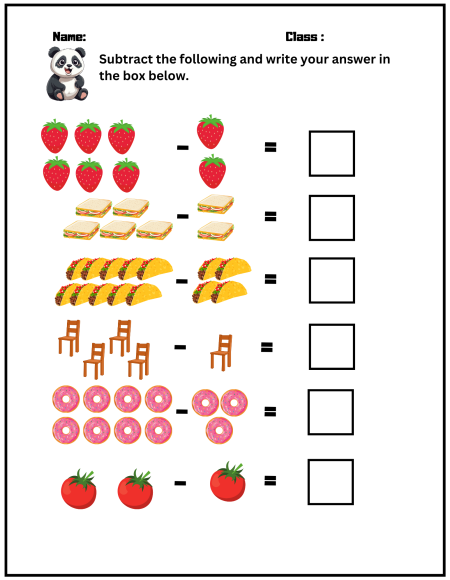 A worksheet featuring a panda, with colorful images for subtraction problems involving strawberries, sandwiches, tacos, chairs, donuts, and tomatoes. Subtraction Math Worksheets.