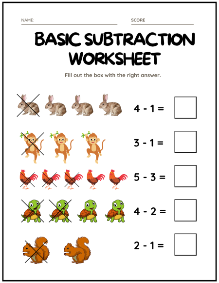 A colorful subtraction worksheet featuring animals, asking students to solve simple equations with visual aids and answer boxes. Subtraction Math Worksheets.