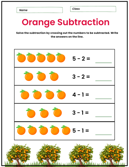 A worksheet titled "Orange Subtraction," featuring math problems with orange illustrations and space for answers, surrounded by orange trees. Subtraction Math Worksheets.