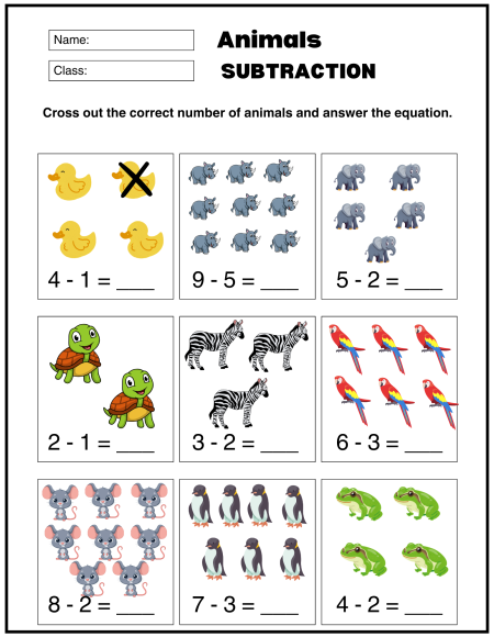 A subtraction worksheet featuring illustrations of various animals like ducks, elephants, zebras, and frogs, with subtraction problems to solve. Subtraction Math Worksheets.