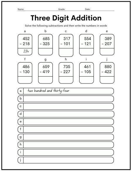 A worksheet for three-digit subtraction problems, with spaces to write the answers in words, featuring sample calculations. Subtraction Math Worksheets.