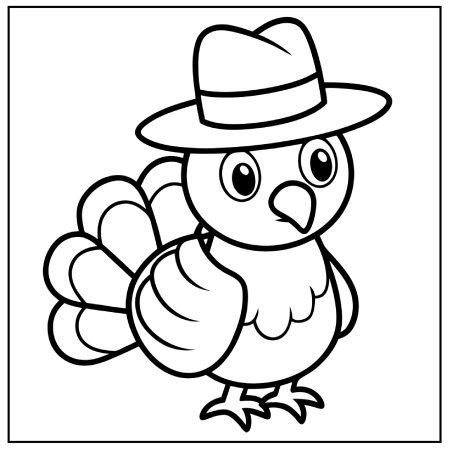 A cartoon bird wearing a hat, looking cheerful, with detailed feathers, set in an outlined frame for coloring. Thanksgiving coloring pages.