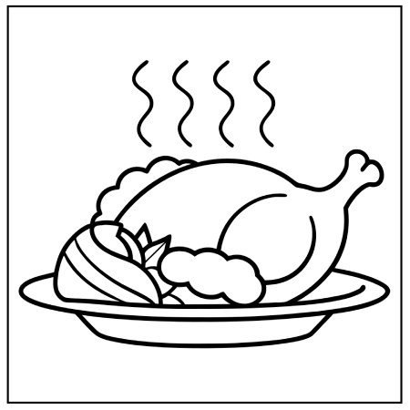 A steaming plate with a whole roasted chicken, garnished with vegetables and a small side of mashed potatoes. Thanksgiving coloring pages.