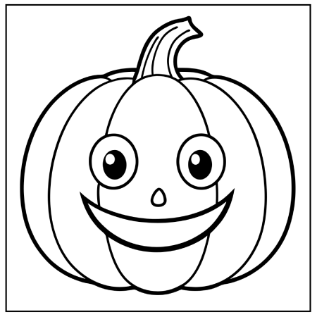A smiling pumpkin with big eyes and a cheerful expression, outlined for coloring, set against a square border. Thanksgiving coloring pages.