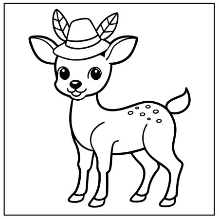 A cute cartoon deer wearing a hat adorned with leaves, featuring a friendly smile and a spotted coat, ready for coloring. Thanksgiving coloring pages.
