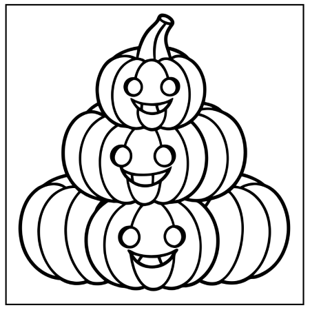 A playful stack of three smiling pumpkins, with large round eyes and cheerful expressions, set against a simple outline background. Thanksgiving coloring pages.