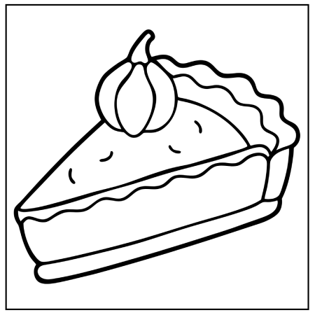 A slice of pumpkin pie topped with a dollop of cream, presented on a decorative pie crust plate. Black line art illustration. Thanksgiving coloring pages.