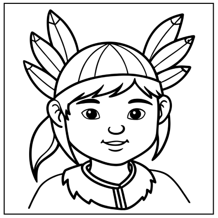 A line drawing of a person with colorful feather-like accessories and a braided hairstyle, wearing a traditional outfit. Thanksgiving coloring pages.