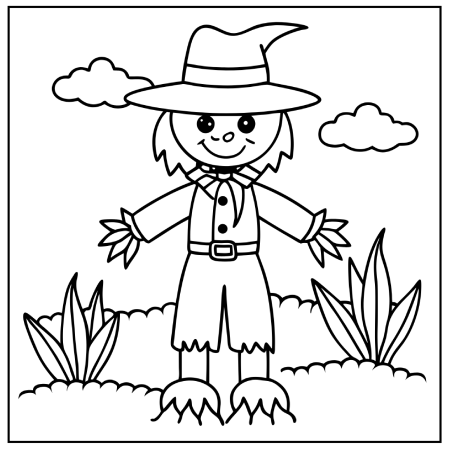 A cheerful scarecrow with a big hat and button-up shirt stands in a field with grass and clouds, ready to be colored. Thanksgiving coloring pages.