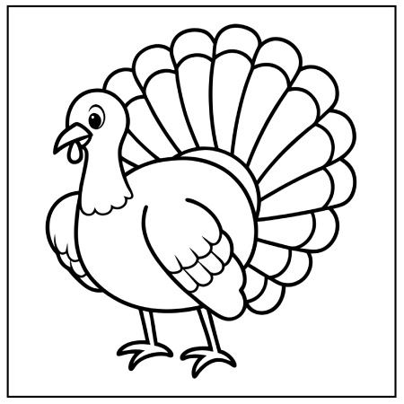 A cartoon-style turkey with a large, fanned tail, standing on two legs, outlined and ready for coloring. Thanksgiving coloring pages.