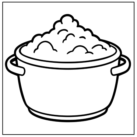 A simple line drawing of a pot filled with fluffy, white rice, featuring two handles on the sides. Thanksgiving coloring pages.