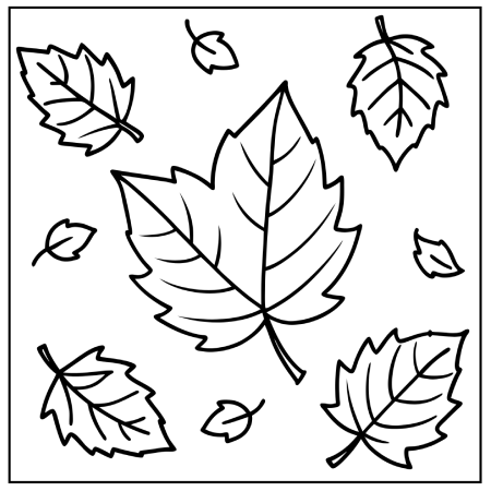 Black line drawings of various leaves scattered across a blank background, designed for coloring or illustration purposes. Thanksgiving coloring pages.