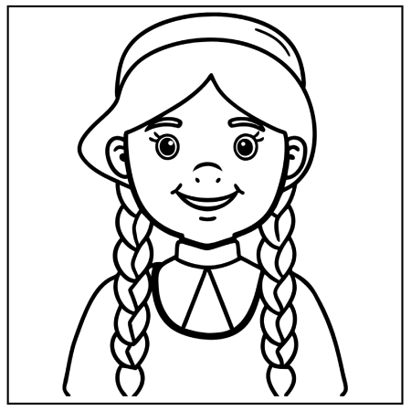 A line drawing of a person with braids wearing a hat and a collared shirt, set in a simple outlined frame. Thanksgiving coloring pages.
