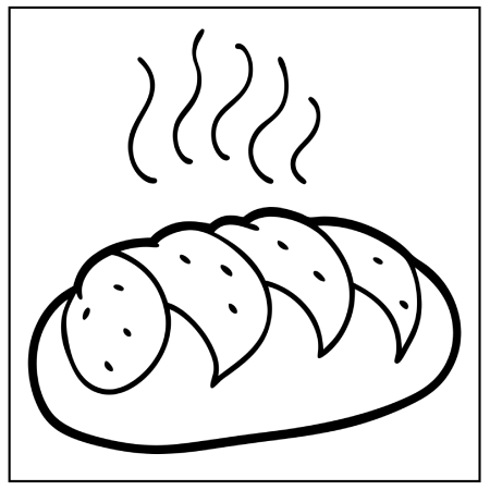 A cartoonish loaf of bread with three segments, steaming, set against a simple white background. Thanksgiving coloring pages.
