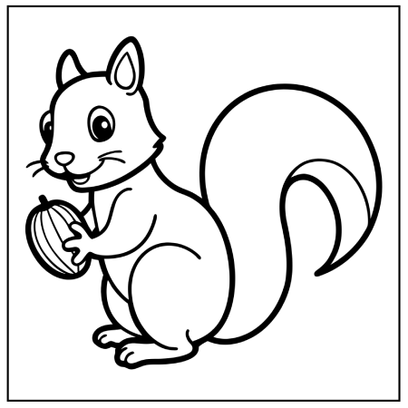 A cheerful cartoon squirrel holding an acorn, featuring large eyes and a bushy tail, outlined for coloring. Thanksgiving coloring pages.