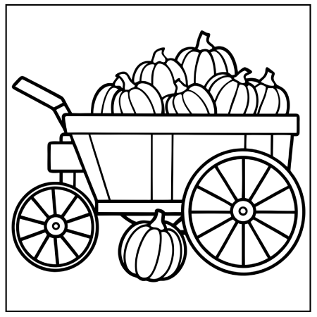 A line drawing of a cart filled with pumpkins, with a few pumpkins resting on the ground beside it. Thanksgiving coloring pages.
