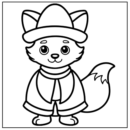 A cute cartoon fox in a hat and cloak, smiling cheerfully, designed for coloring. Thanksgiving coloring pages.