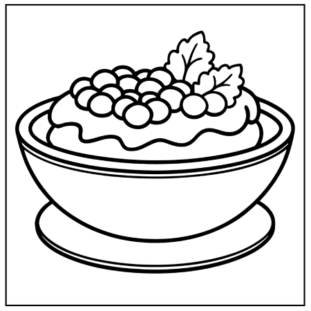 A decorative bowl filled with creamy dessert, topped with round berries and two green mint leaves. Thanksgiving coloring pages.