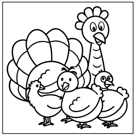 A cartoon-style turkey surrounded by three smaller birds, all outlined for coloring, set against a simple white background. Thanksgiving coloring pages.