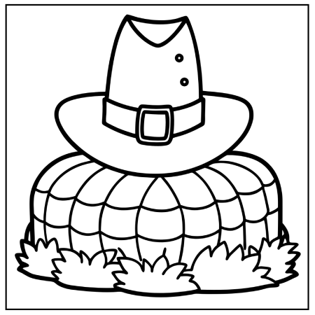 A black and white illustration of a pumpkin with a pilgrim hat on top, surrounded by leafy accents. Thanksgiving coloring pages.