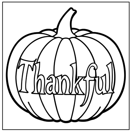 A large pumpkin with the word "Thankful" artistically written across its surface, in a black and white coloring book style. Thanksgiving coloring pages.